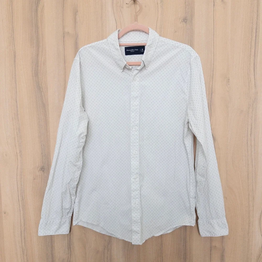 Abercrombie & Fitch Mens Button Down Shirt Size M White Micro Dot Stretch Preppy